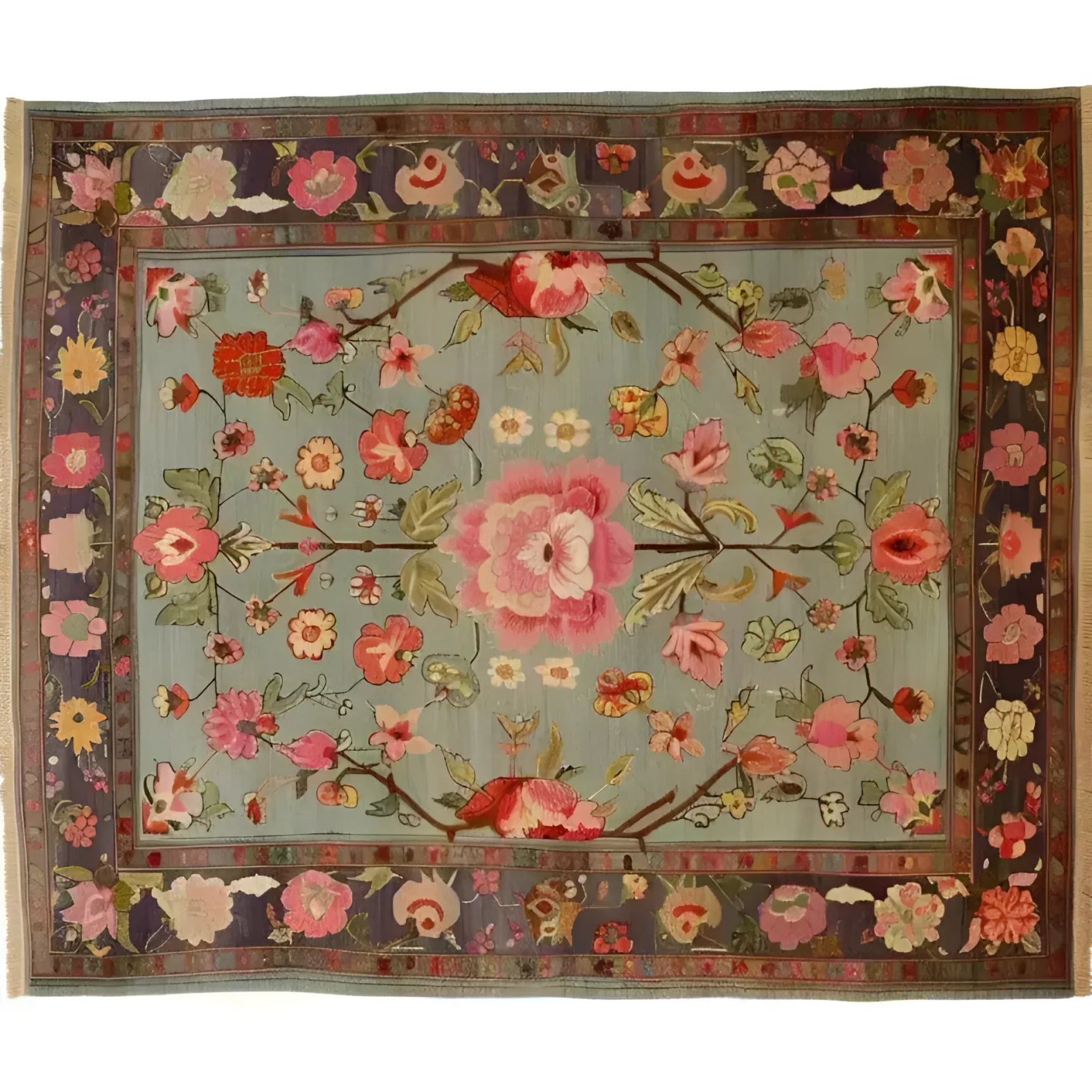 A stunning hand-knotted area rug featuring an intricate floral design. This living room area rug showcases vibrant pink and red flowers on a soft blue background, reminiscent of traditional Persian rugs. Perfect for adding elegance to any space, this floral rug is ideal for those seeking beautiful area rugs for the living room.