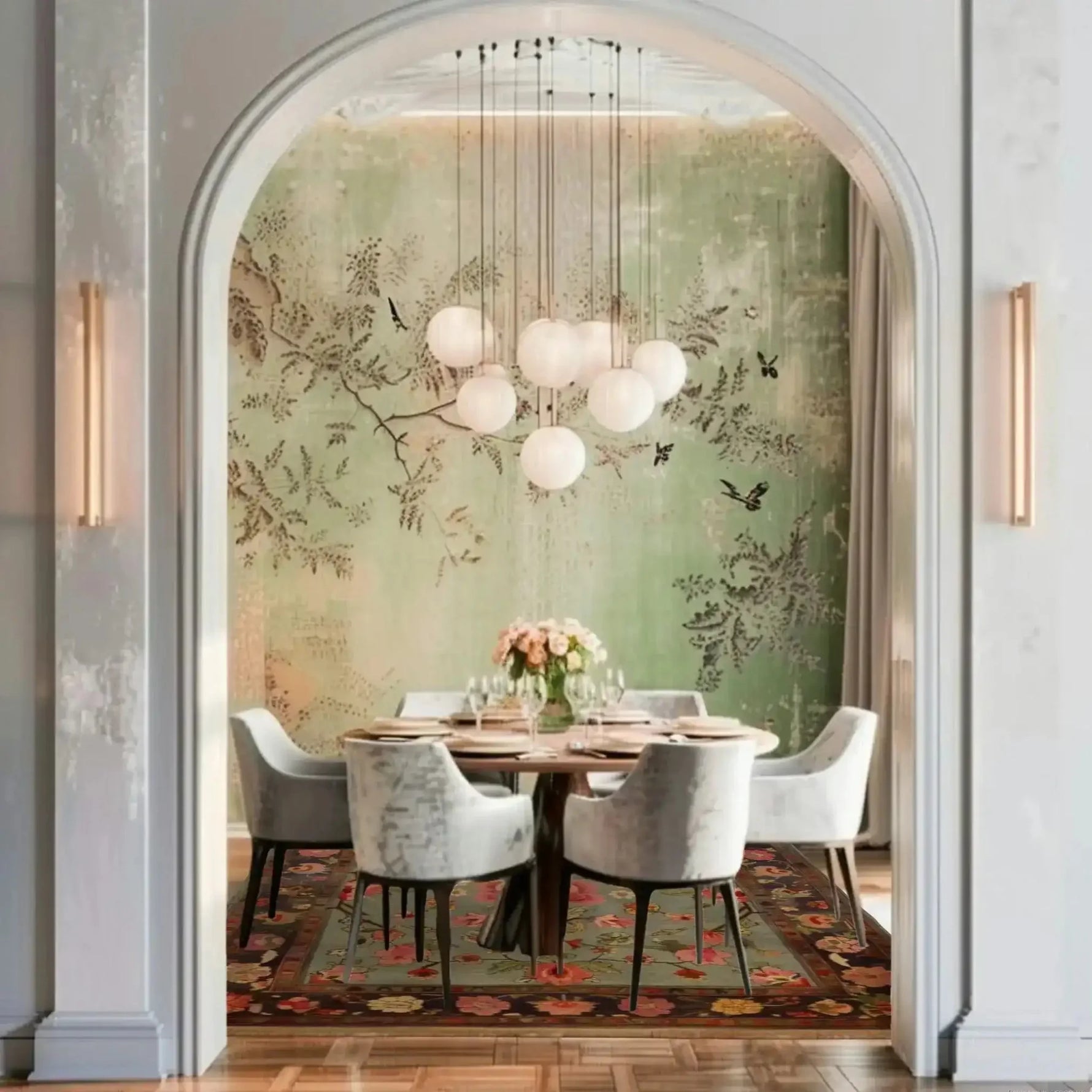 A sophisticated living room featuring a Nature's Elegance Hand Knotted Area Rug with intricate floral patterns. This Persian-style rug enhances the elegant dining setup with soft grey chairs and a round wooden table, framed by a serene nature-themed wall mural. Ideal for those seeking luxurious area rugs for living rooms.