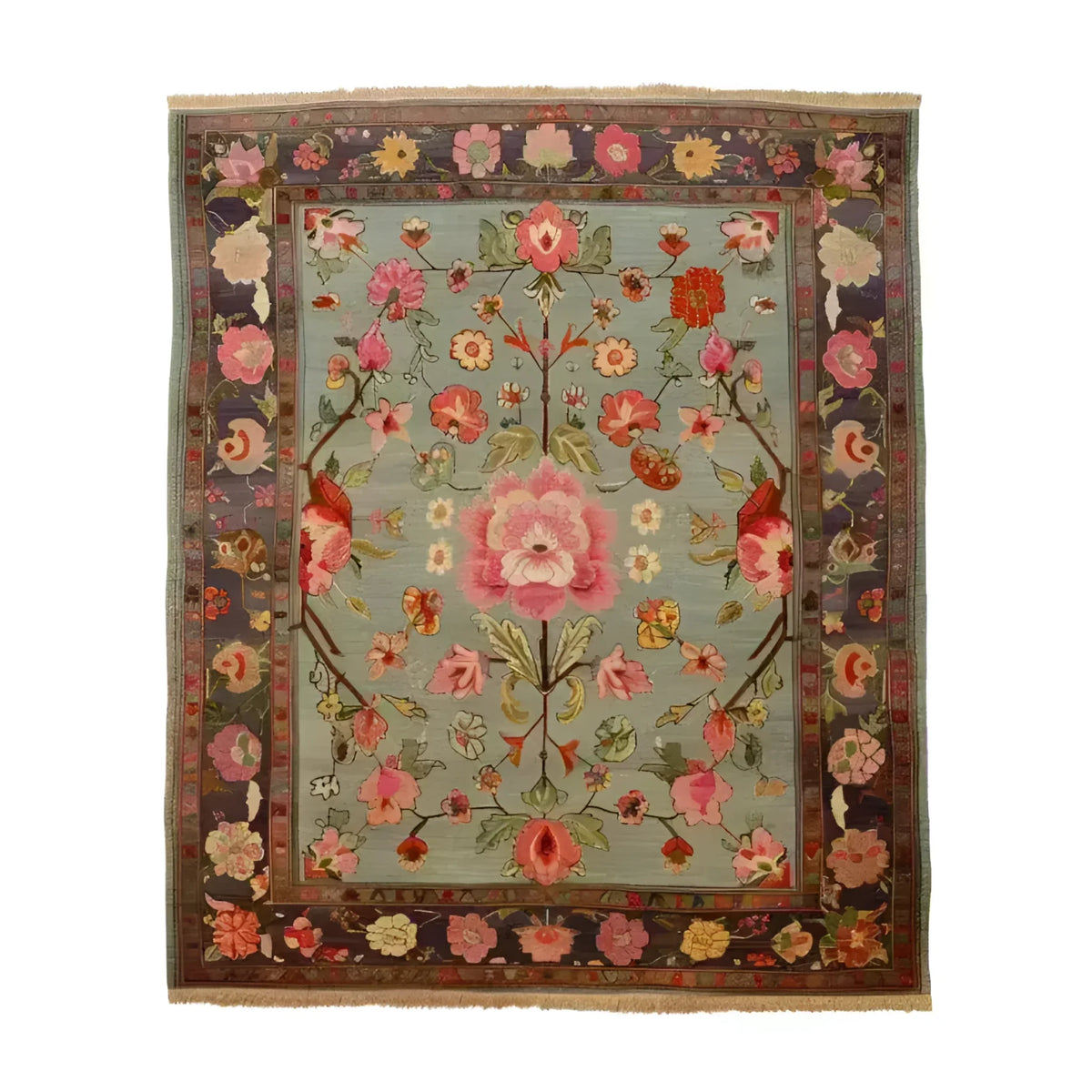 A beautifully crafted Nature's Elegance Hand Knotted Area Rug showcasing intricate floral designs with vibrant pink and red flowers on a soft blue background. This exquisite Persian rug is perfect for adding a touch of elegance to any living room, making it a standout piece among living room area rugs.