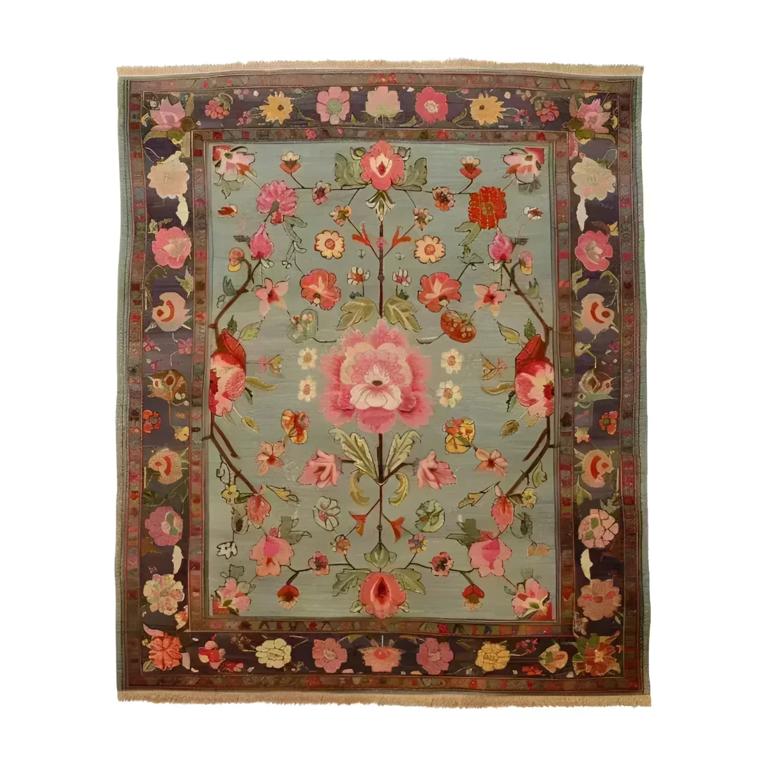 A beautifully crafted Nature's Elegance Hand Knotted Area Rug showcasing intricate floral designs with vibrant pink and red flowers on a soft blue background. This exquisite Persian rug is perfect for adding a touch of elegance to any living room, making it a standout piece among living room area rugs.