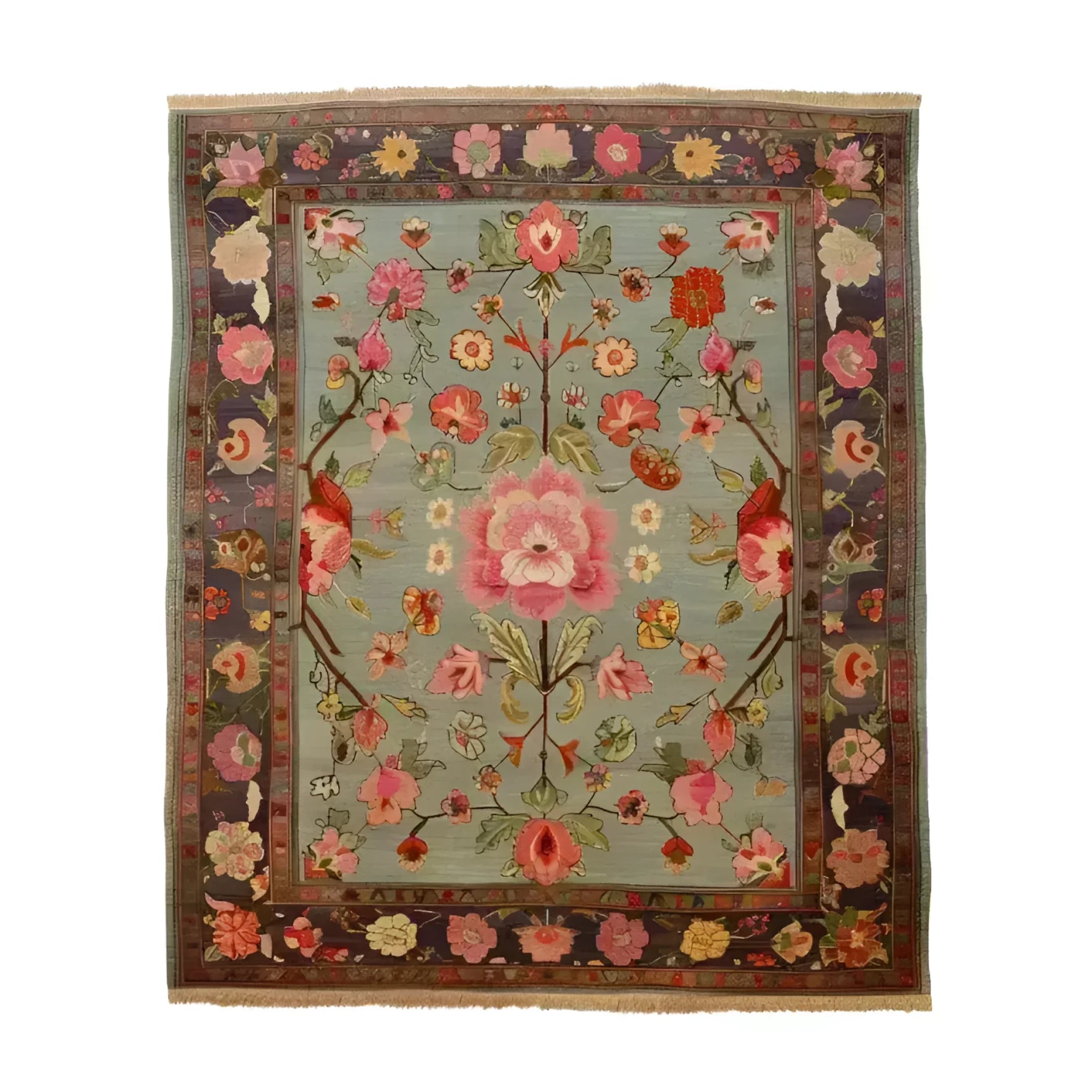 A beautifully crafted Nature's Elegance Hand Knotted Area Rug showcasing intricate floral designs with vibrant pink and red flowers on a soft blue background. This exquisite Persian rug is perfect for adding a touch of elegance to any living room, making it a standout piece among living room area rugs.