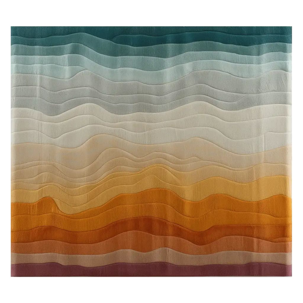 This image showcases an area rug titled 'Nature's Hues Hand Tufted Wool Rug' with a contemporary design. The rug features wavy layers of colors ranging from teal, grey, and cream to warm shades of orange and brown, perfect for adding a touch of modern elegance to any living room. This wool rug is ideal for spaces measuring 8x10, making it a versatile choice for those seeking stylish living room rugs.