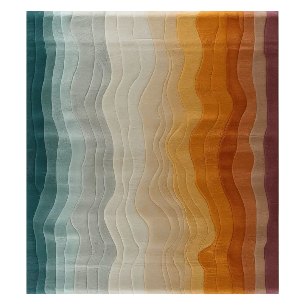 Nature's Hues Hand Tufted Wool Rug showcases an elegant wave pattern in a blend of blues, greys, and earthy tones, perfect as a contemporary area rug. This wool rug is ideal for adding a stylish touch to living rooms, particularly in an 8x10 size.