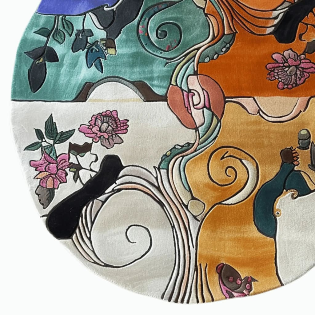 A vibrant, hand-tufted round area rug featuring a stunning kaleidoscope of colors and floral patterns. Ideal for a bedroom, this large wool rug showcases intricate designs with rich hues of green, orange, and purple, providing a touch of elegance and warmth to any space.