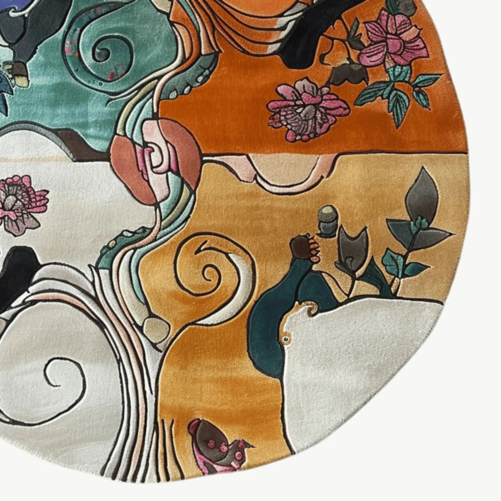 Vibrant Nature's Kaleidoscope Hand Tufted Round Rug featuring an intricate floral design in rich colors. This large wool area rug is perfect for adding a touch of elegance to your bedroom decor.