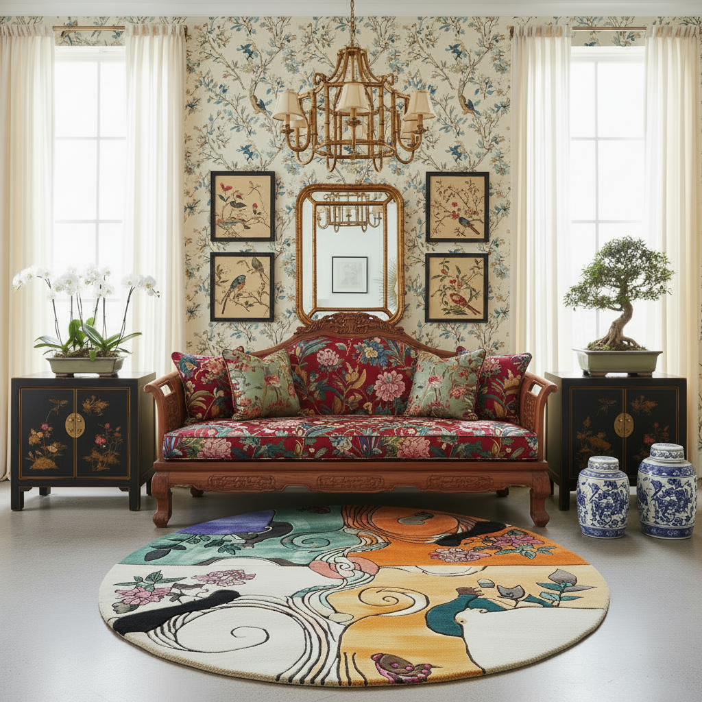 Decorative living room with floral-patterned sofa, rug, and wall art.