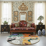 Decorative living room with floral-patterned sofa, rug, and wall art.