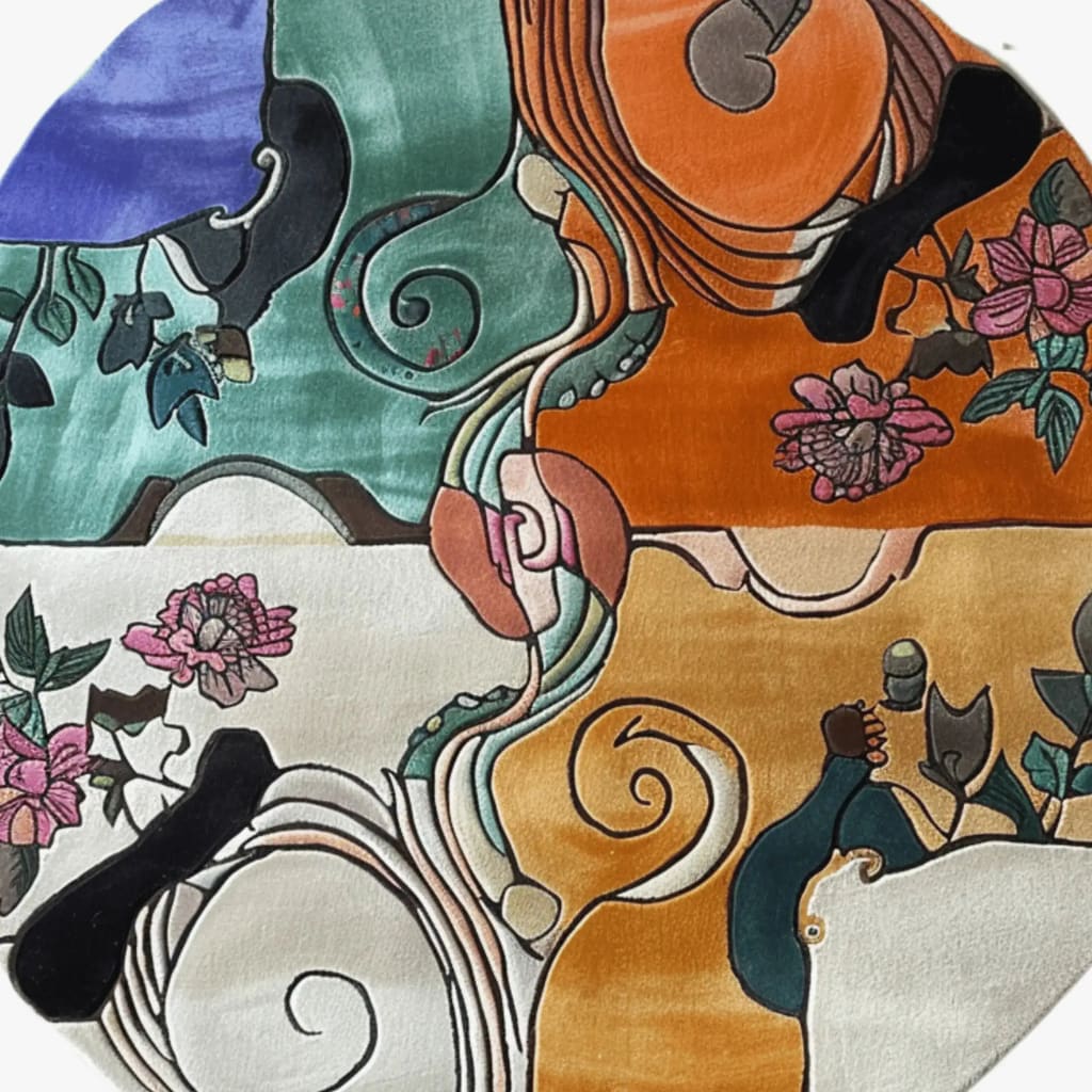 A vibrant and artistic hand-tufted round wool rug, perfect for a bedroom. This large area rug features a kaleidoscope of floral patterns in bold colors, adding a touch of nature-inspired elegance and warmth to any space.