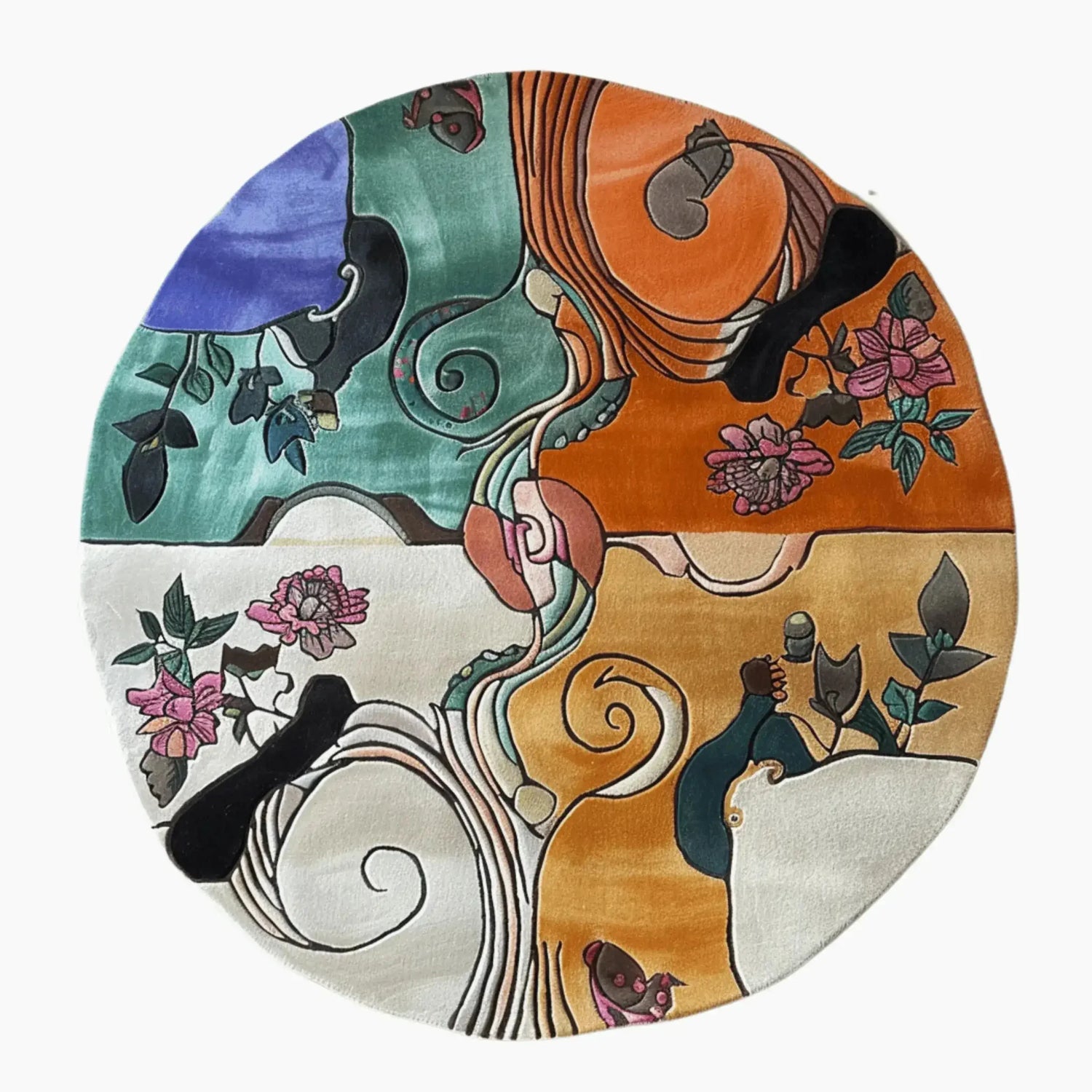 Nature's Kaleidoscope Hand Tufted Round Rug showcasing an artistic blend of floral and abstract patterns in vibrant colors. This large area rug, perfect for the bedroom, is crafted from wool, offering a cozy and stylish addition to any space.