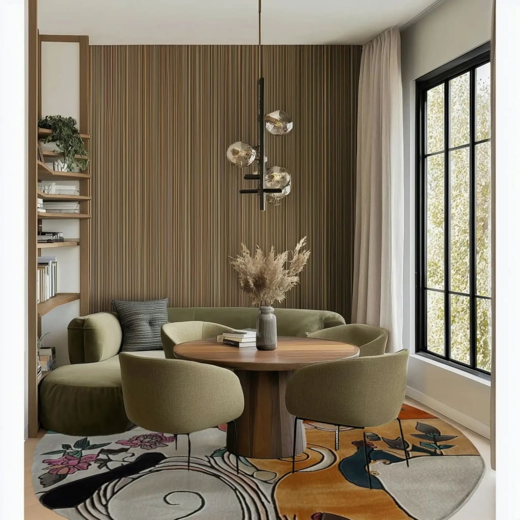 A beautifully decorated bedroom featuring a Nature's Kaleidoscope Hand Tufted Round Rug. This stunning floral rug adds a splash of color with its intricate design, perfectly complementing the modern decor. Made from high-quality wool, this large area rug provides a cozy and stylish touch, ideal for enhancing any bedroom space.