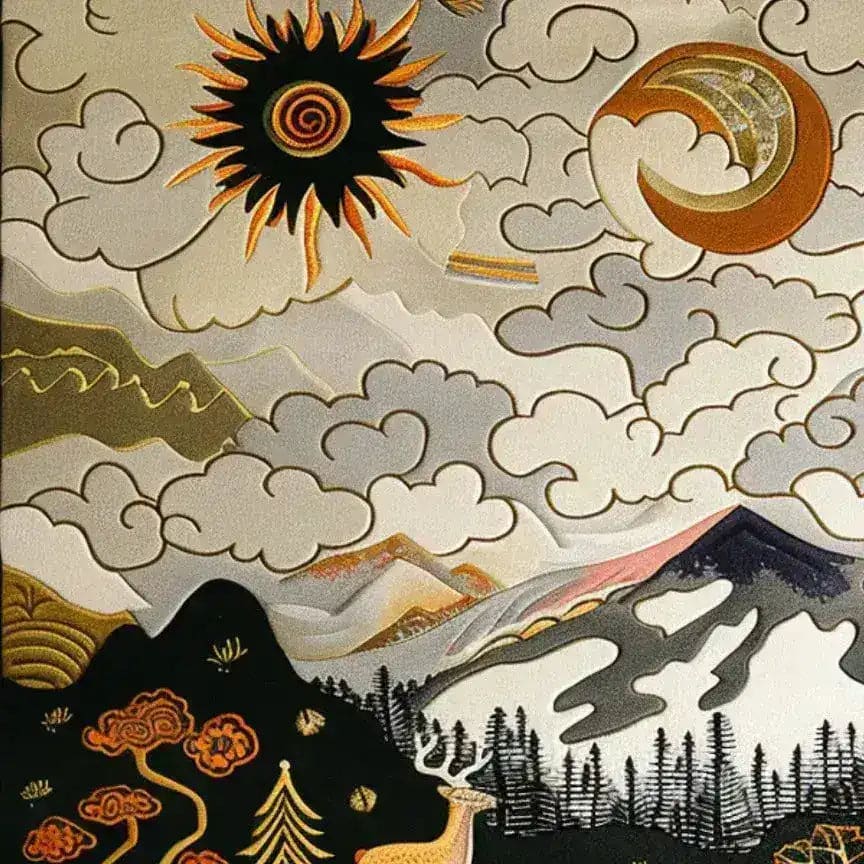 Nature's Majesty Tapestry Hand Tufted Rug showcasing an abstract landscape design with sun and moon motifs, ideal as an area rug for a large living room. This 8x10 wool rug features intricate patterns perfect for adding elegance to living room spaces.