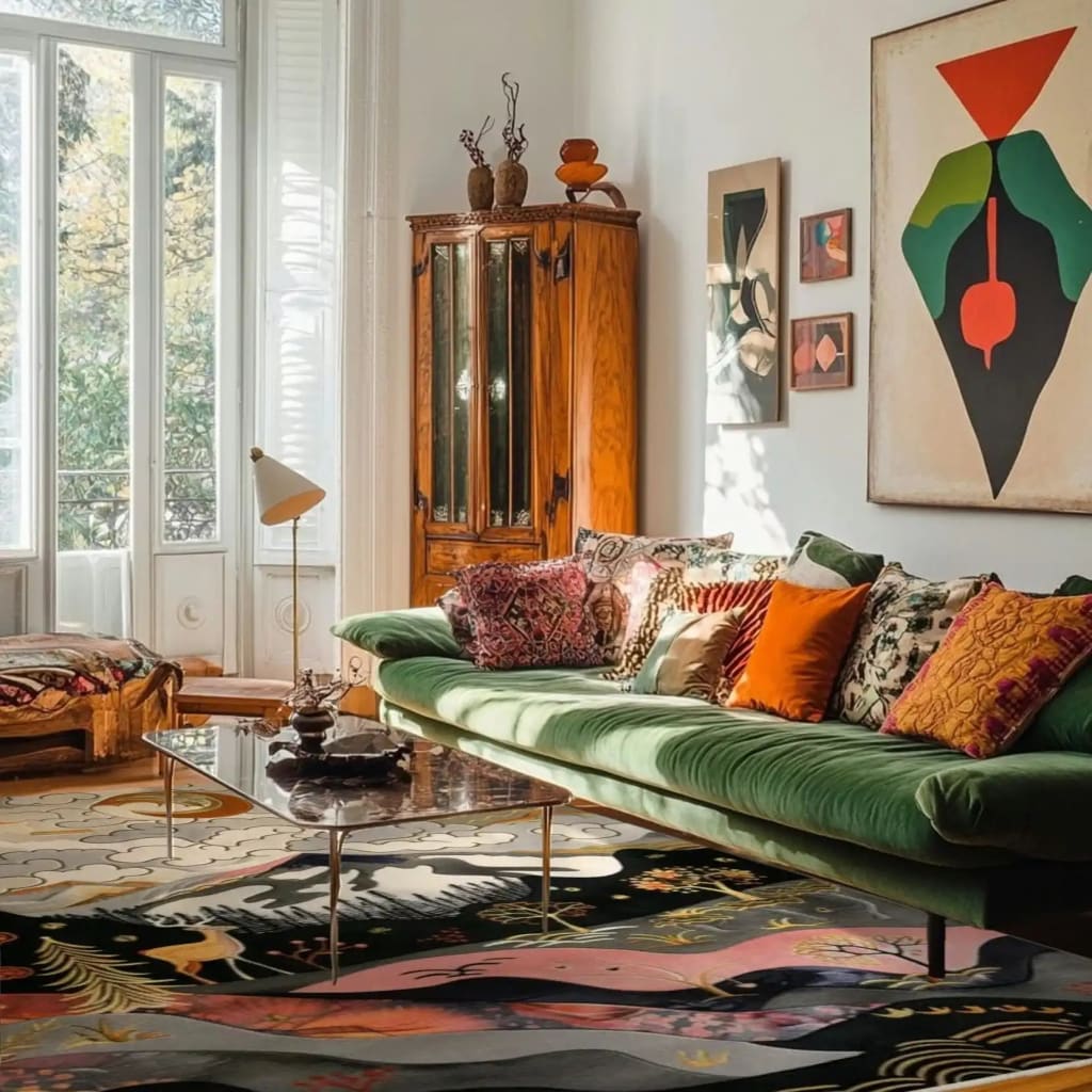Stylish living room featuring a vibrant Nature's Majesty Tapestry Hand Tufted Area Rug. The wool rug's abstract design adds an artistic flair to the large living room, complemented by a green velvet sofa and modern art pieces. Ideal for those seeking unique living room rugs in an 8x10 size.