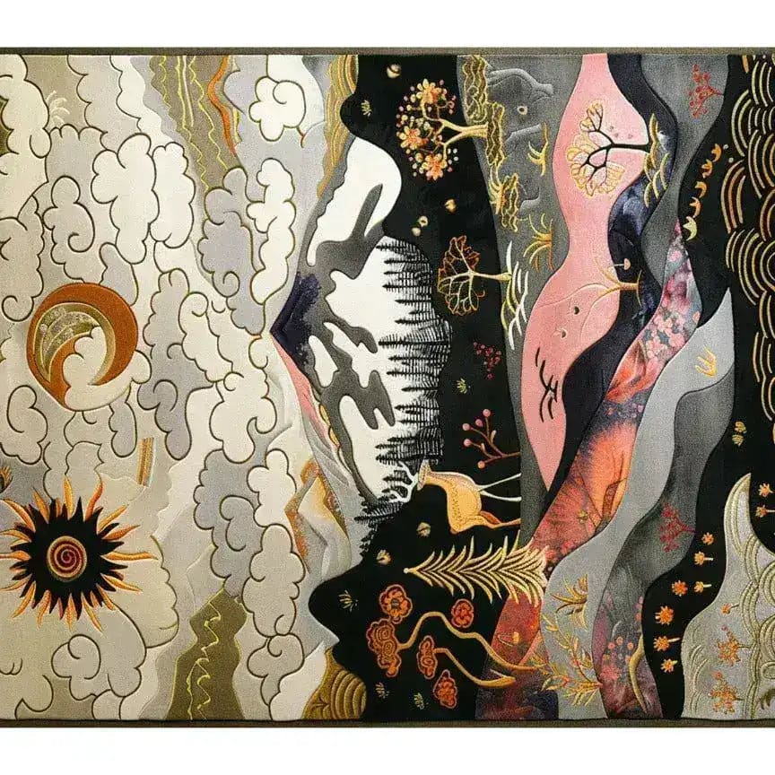 A vibrant and artistic area rug featuring an abstract design with swirling patterns and nature-inspired elements. This wool rug is perfect for a large living room, adding a touch of elegance and creativity. Ideal for those seeking unique living room rugs, this 8x10 hand-tufted masterpiece showcases a blend of colors and intricate details that draw the eye.