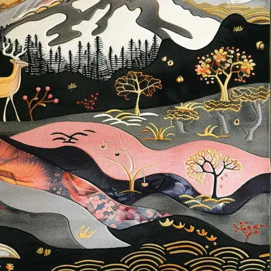 A beautifully designed hand tufted area rug featuring a nature-inspired abstract landscape with a deer, trees, and mountains. Ideal for large living rooms, this wool rug adds an artistic touch to your space. Perfect as a living room rug, measuring 8x10.