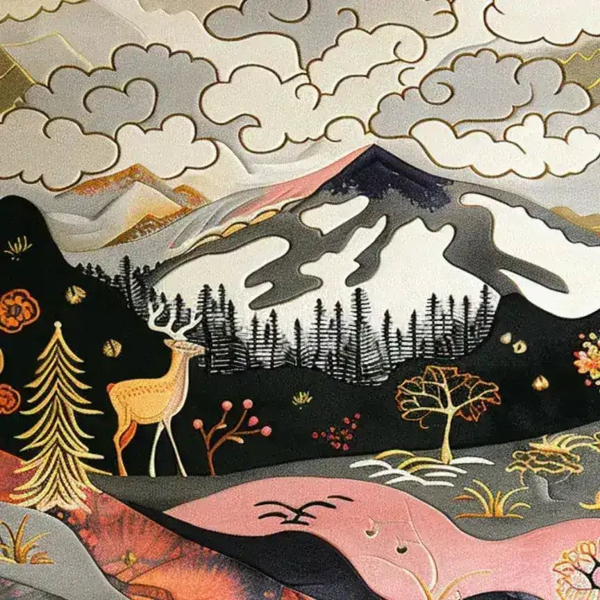 Nature's Majesty Tapestry Hand Tufted Rug featuring a picturesque mountain landscape with a deer and vibrant foliage, perfect for large living room spaces. This wool rug brings an artistic touch to living room rugs 8x10.