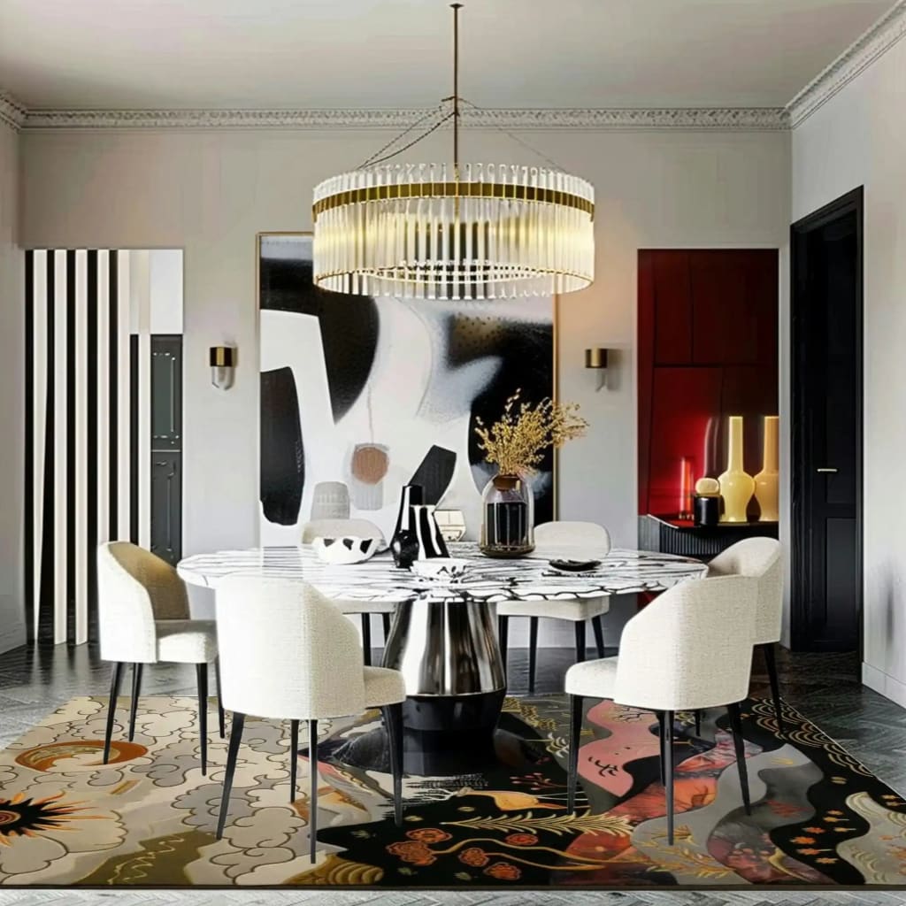 A stunning area rug titled 'Nature's Majesty Tapestry Hand Tufted Rug' graces a modern living room. This large wool rug, perfect for spaces needing living room rugs 8x10, features intricate abstract designs, adding a touch of elegance beneath a sleek dining table and plush chairs.