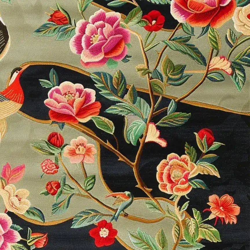 Vibrant floral design on Nature’s Melody Hand Tufted Wool Rug, showcasing colorful blooms and branches on a dark background. Perfect for adding an artistic touch to large area rugs for living room spaces, this square area rug combines elegance and durability with its premium wool craftsmanship.