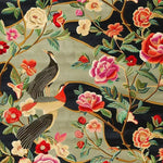 A vibrant hand tufted wool area rug featuring an intricate design of colorful flowers and exotic birds, perfect for adding a touch of elegance to a living room. This square rug showcases a blend of reds, pinks, and greens against a subtle background, making it an ideal large area rug for any stylish living space.