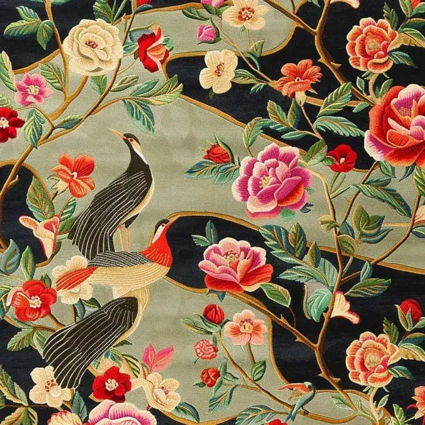 A vibrant hand tufted wool area rug featuring an intricate design of colorful flowers and exotic birds, perfect for adding a touch of elegance to a living room. This square rug showcases a blend of reds, pinks, and greens against a subtle background, making it an ideal large area rug for any stylish living space.