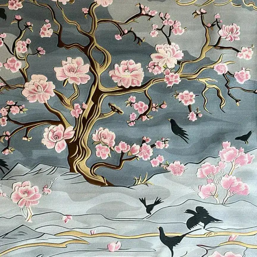 Nature's Serenade Hand Tufted Area Rug featuring a beautiful floral design with pink blossoms and dark branches on a soft, muted background, ideal for dining rooms and living rooms. This wool rug adds a touch of elegance to any space, making it a perfect choice for those seeking dining room carpets or rugs for living room settings.