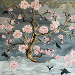 Nature's Serenade Hand Tufted Area Rug featuring a beautiful floral design with pink blossoms and birds on a gray background. Perfect for a dining room or living room, this wool rug adds elegance and charm to any space. Ideal for those seeking floral rugs and dining room carpets.