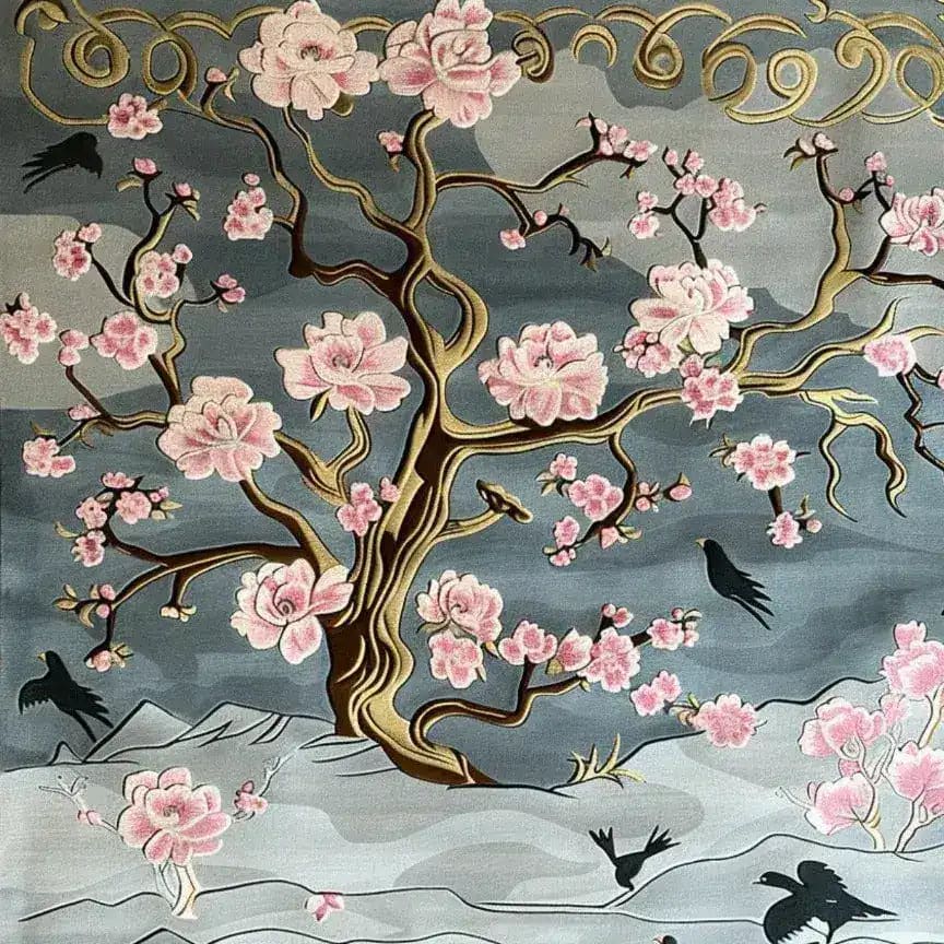 Nature's Serenade Hand Tufted Area Rug featuring a beautiful floral design with pink blossoms and birds on a gray background. Perfect for a dining room or living room, this wool rug adds elegance and charm to any space. Ideal for those seeking floral rugs and dining room carpets.