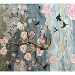 Nature's Serenade Hand Tufted Rug showcasing a beautiful floral design with delicate pink blossoms and graceful birds on a soft grey background. This wool area rug is perfect for adding elegance to your dining room or living room, making it a standout piece in home decor.
