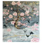 Nature's Serenade Hand Tufted Rug featuring a beautiful floral design with pink blossoms and birds on a serene gray background, perfect as an area rug for dining rooms or living rooms. This elegant wool rug brings a touch of nature indoors, ideal for those seeking dining room carpets or floral rugs for living spaces.