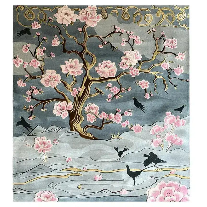 Nature's Serenade Hand Tufted Rug featuring a beautiful floral design with pink blossoms and birds on a serene gray background, perfect as an area rug for dining rooms or living rooms. This elegant wool rug brings a touch of nature indoors, ideal for those seeking dining room carpets or floral rugs for living spaces.