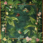 Vibrant Nature's Serenade Hand Tufted Wool Rug featuring a lush floral and bird design. This square area rug is perfect for adding a touch of nature to your dining room or large living room. Its rich green background with colorful botanical accents makes it an ideal choice for those seeking a unique floral rug that doubles as a stunning dining room carpet.