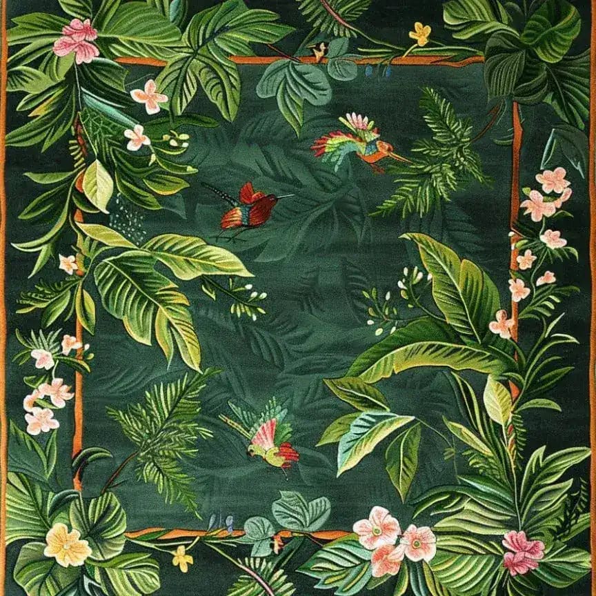Vibrant Nature's Serenade Hand Tufted Wool Rug featuring a lush floral and bird design. This square area rug is perfect for adding a touch of nature to your dining room or large living room. Its rich green background with colorful botanical accents makes it an ideal choice for those seeking a unique floral rug that doubles as a stunning dining room carpet.