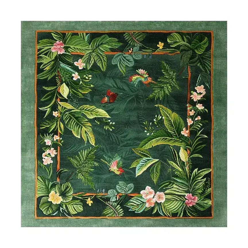 Nature's Serenade Hand Tufted Wool Rug features a vibrant floral pattern with lush green leaves and colorful flowers, perfect as a square area rug for dining rooms or large living room spaces. This wool rug adds a touch of nature, making it an ideal choice for dining room carpets and living room decor.