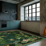 A beautifully designed wool area rug featuring a vibrant floral pattern, perfect for a dining room or large living room. This square rug adds a touch of nature-inspired elegance to the space, enhancing the modern kitchen setting with its rich green hues and intricate design.