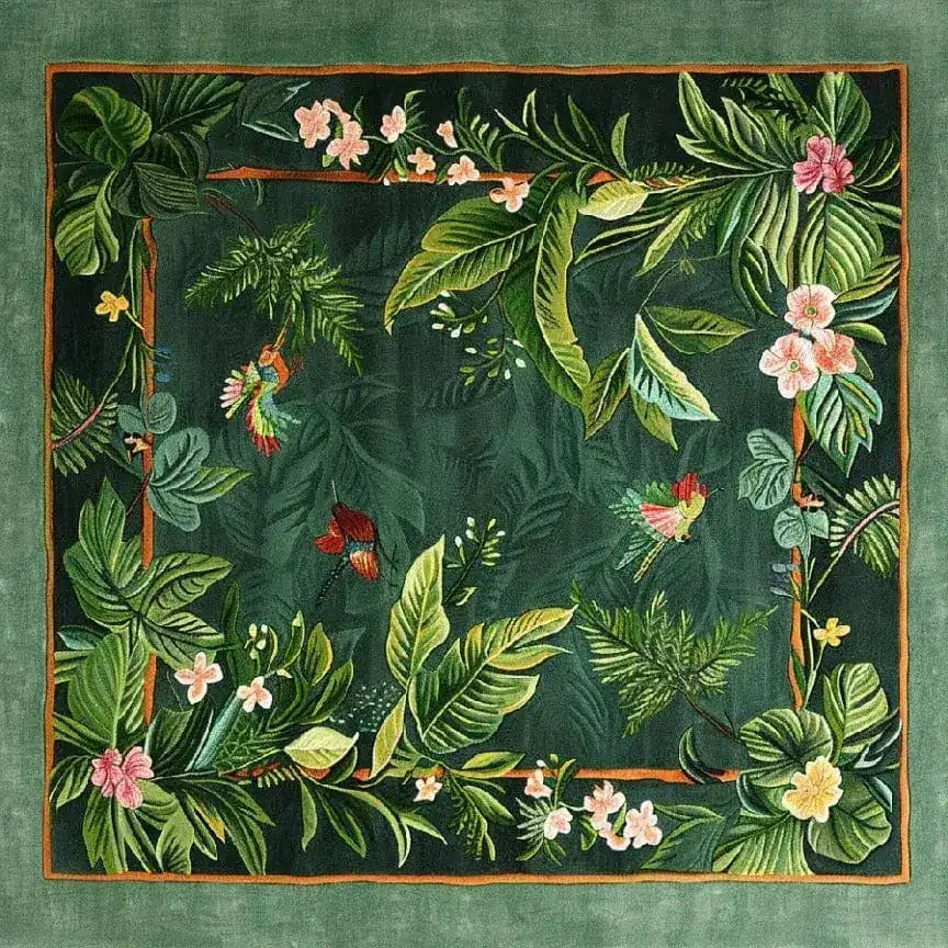This stunning Nature's Serenade hand-tufted wool area rug features a vibrant floral design with lush green leaves and colorful flowers, perfect for enhancing the beauty of a dining room. Ideal as a large living room rug or square area rug, this floral rug adds elegance to any space. The intricate details and rich colors make it a standout piece for dining room carpets and living room décor.