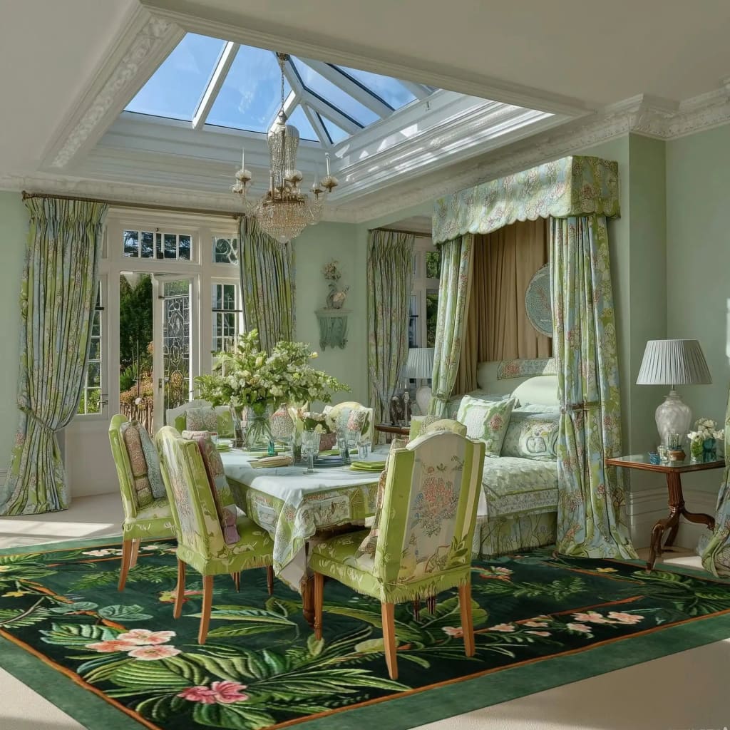 Elegant dining room featuring a square area rug with a vibrant floral design, perfect for adding a touch of nature to your space. The wool rug complements the sophisticated green decor, ideal for large living room or dining room carpets. This cozy setting, bathed in natural light, showcases how the Nature's Serenade Hand Tufted Wool Rug enhances any living room.