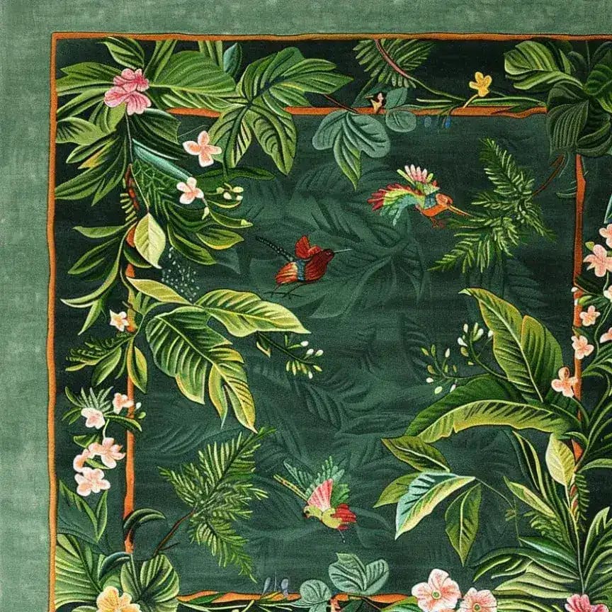 A vibrant Nature's Serenade Hand Tufted Wool Rug featuring a lush, green floral design with colorful birds. This square area rug is perfect for adding a touch of elegance to a dining room or as a centerpiece in a large living room. The intricate floral and bird patterns highlight the artistry of this wool rug, making it an ideal choice for dining room carpets or living room decor.