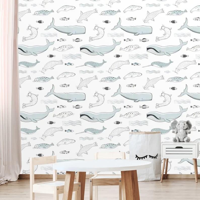 Nautical Sea Animals Narwhal Whale Wallpaper - MAIA HOMES