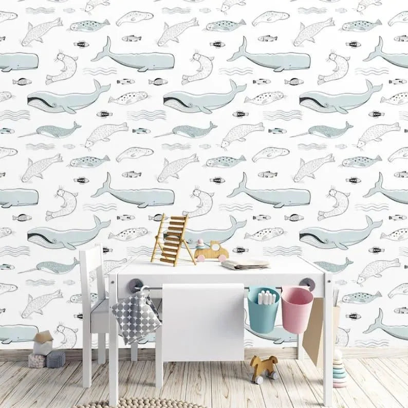 Nautical Sea Animals Narwhal Whale Wallpaper