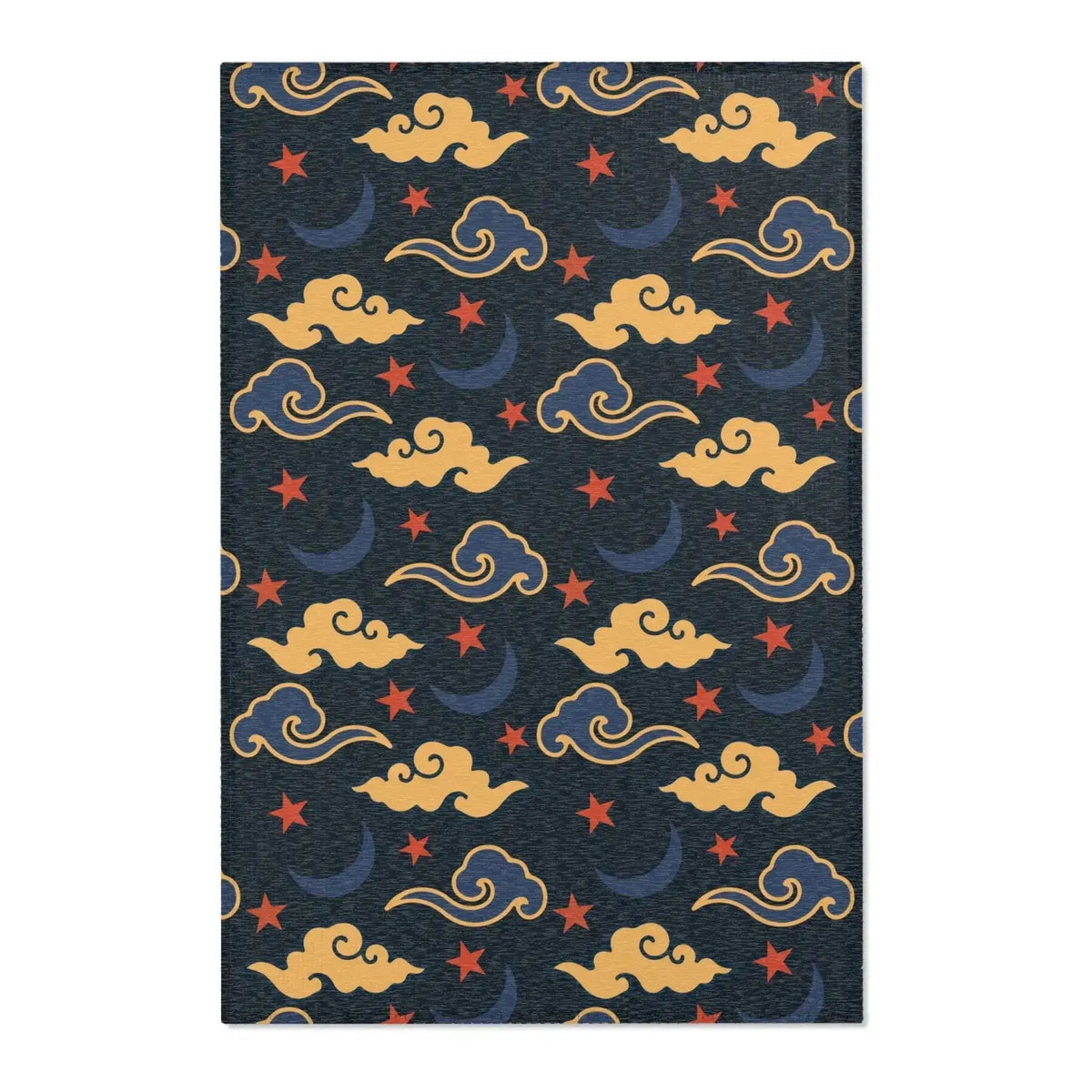 Navy accent rug with retro gold clouds, blue crescent moons and red stars