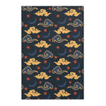 Navy accent rug with retro gold clouds, blue crescent moons and red stars