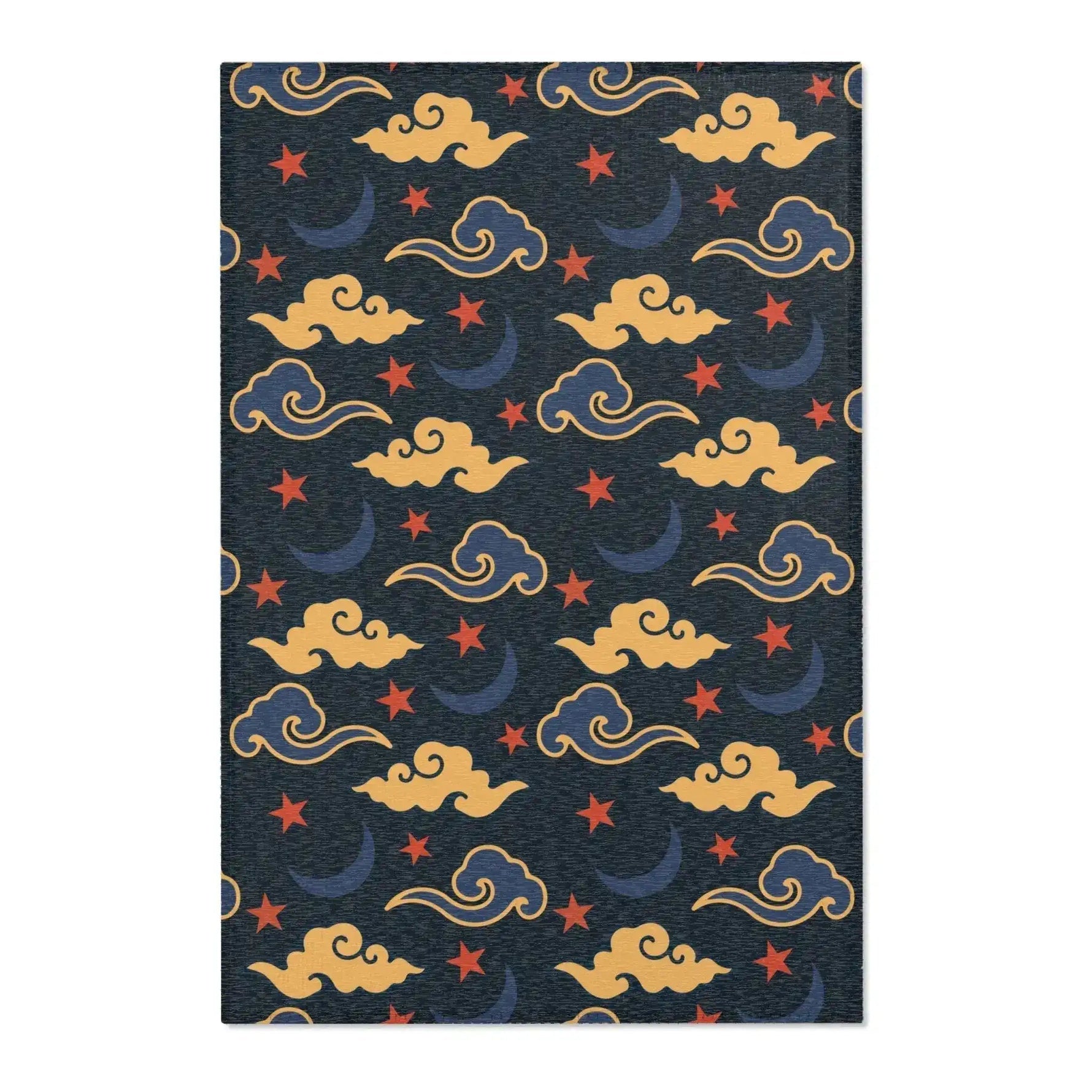 Navy accent rug with retro gold clouds, blue crescent moons and red stars