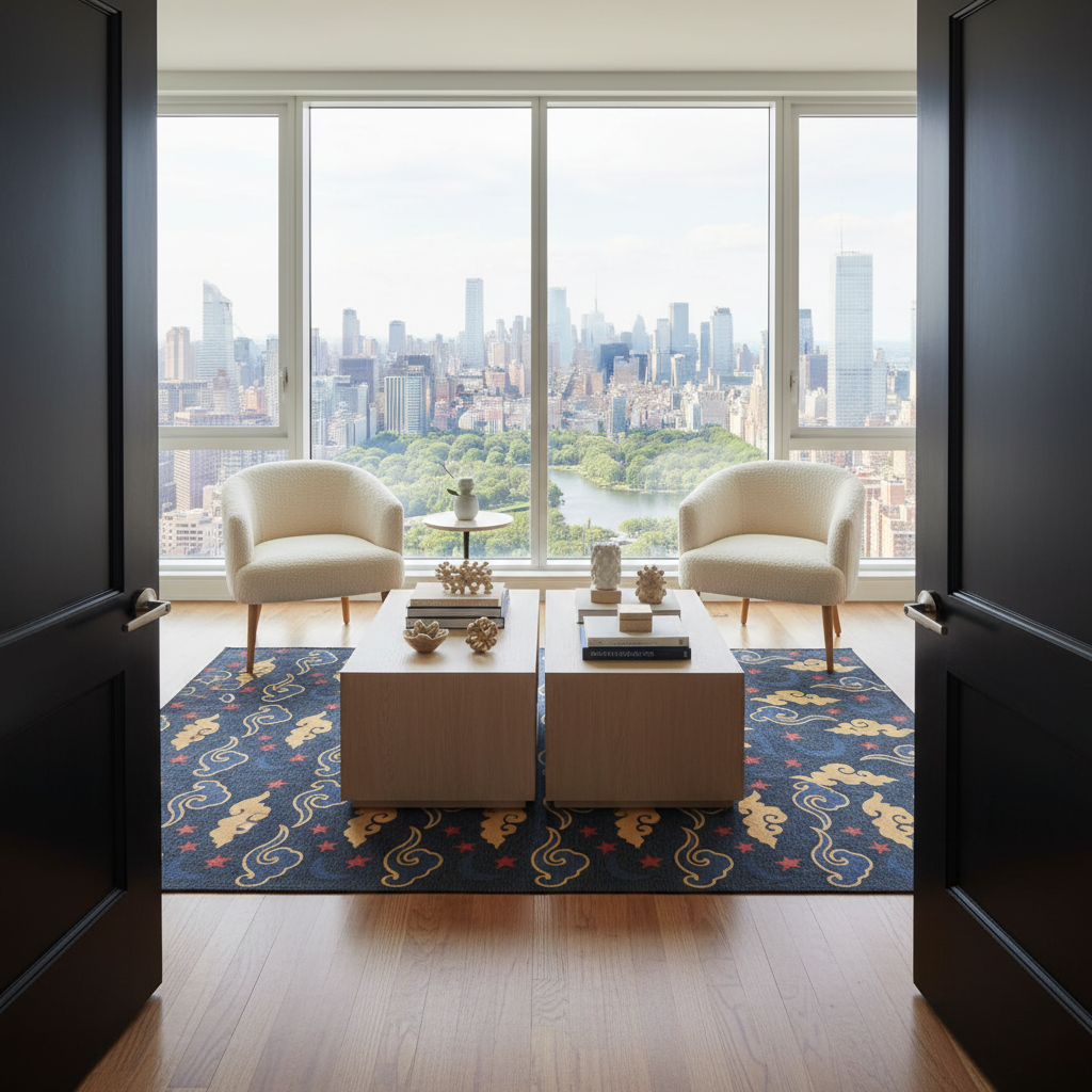 A modern living room interior with two cream armchairs facing two low light-wood coffee tables on a dark patterned area rug. Large floor-to-ceiling windows overlook a city skyline and green park area. The room is framed by open dark wood doors.
