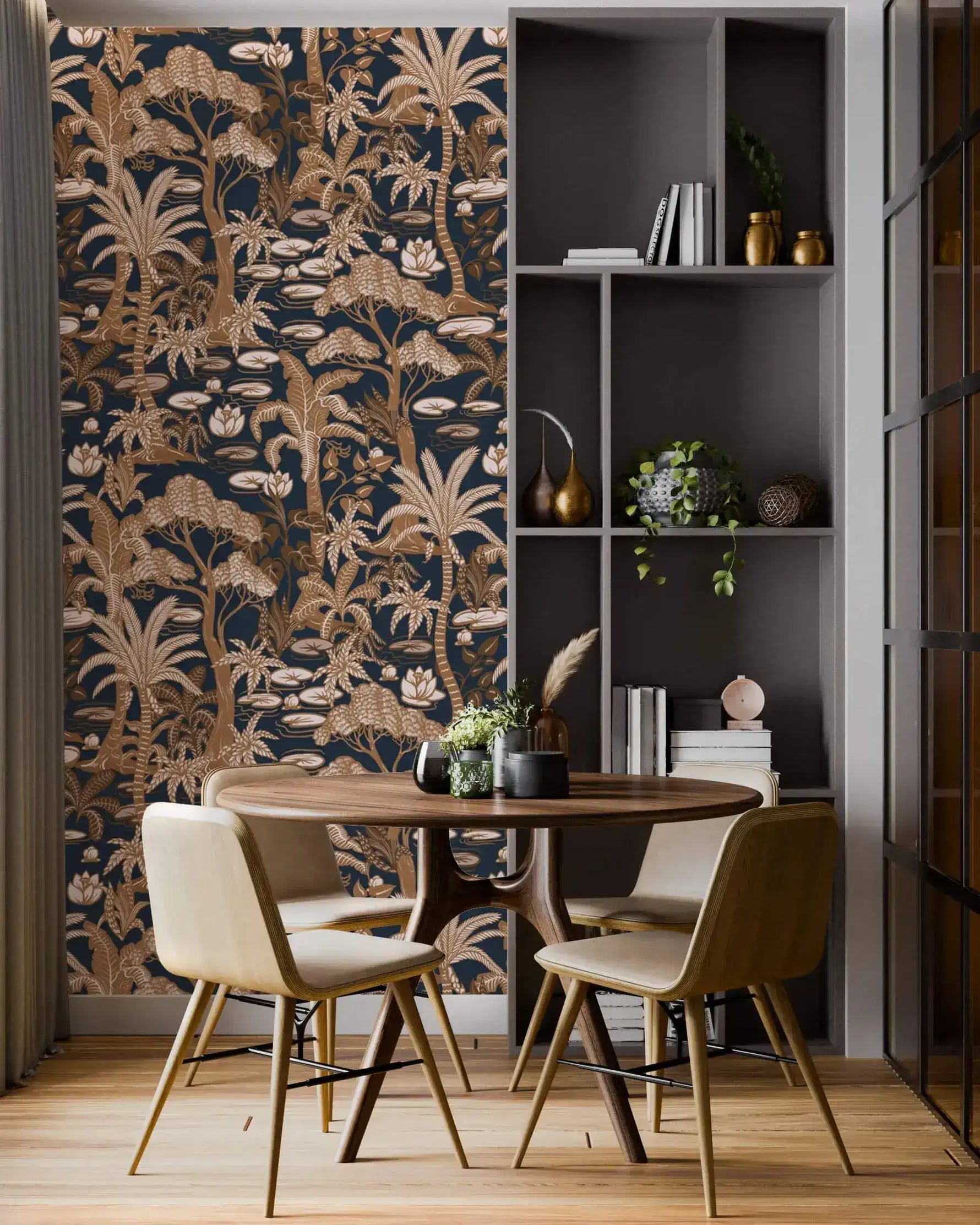 Navy palm tree wallpaper in copper tones in a dining nook with round table, chairs and grey shelving