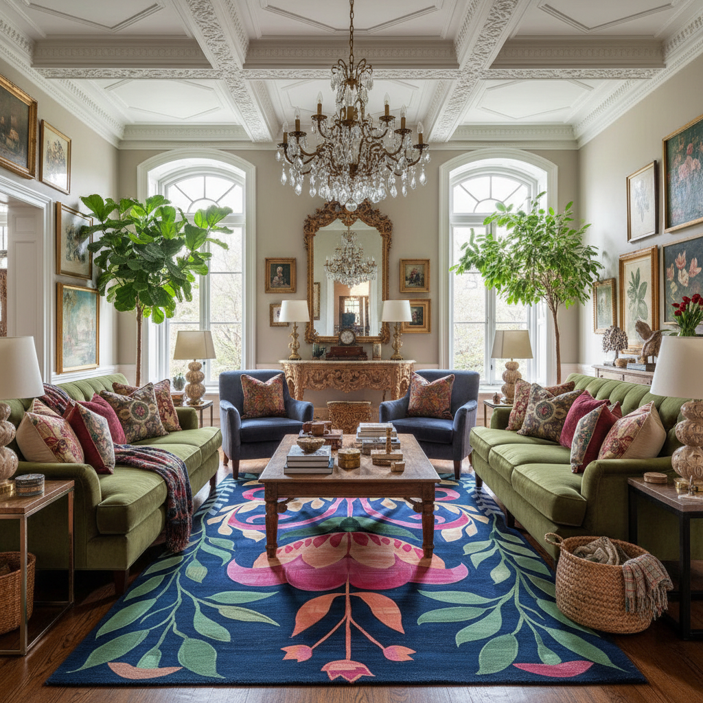 Navy Serenade rug with large pink blossom and green vines anchoring a grand green-sofa salon