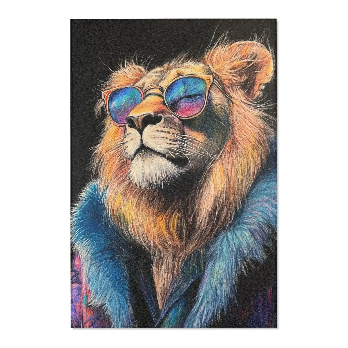 Flat canvas-textured view of lion with golden mane and rainbow reflective sunglasses, Neon King Vibrant Lion Accent Rug