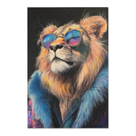 Flat canvas-textured view of lion with golden mane and rainbow reflective sunglasses, Neon King Vibrant Lion Accent Rug