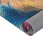 Corner fold revealing vibrant blue neon fur coat print face and grey anti-slip woven backing, Neon King Vibrant Lion Accent Rug