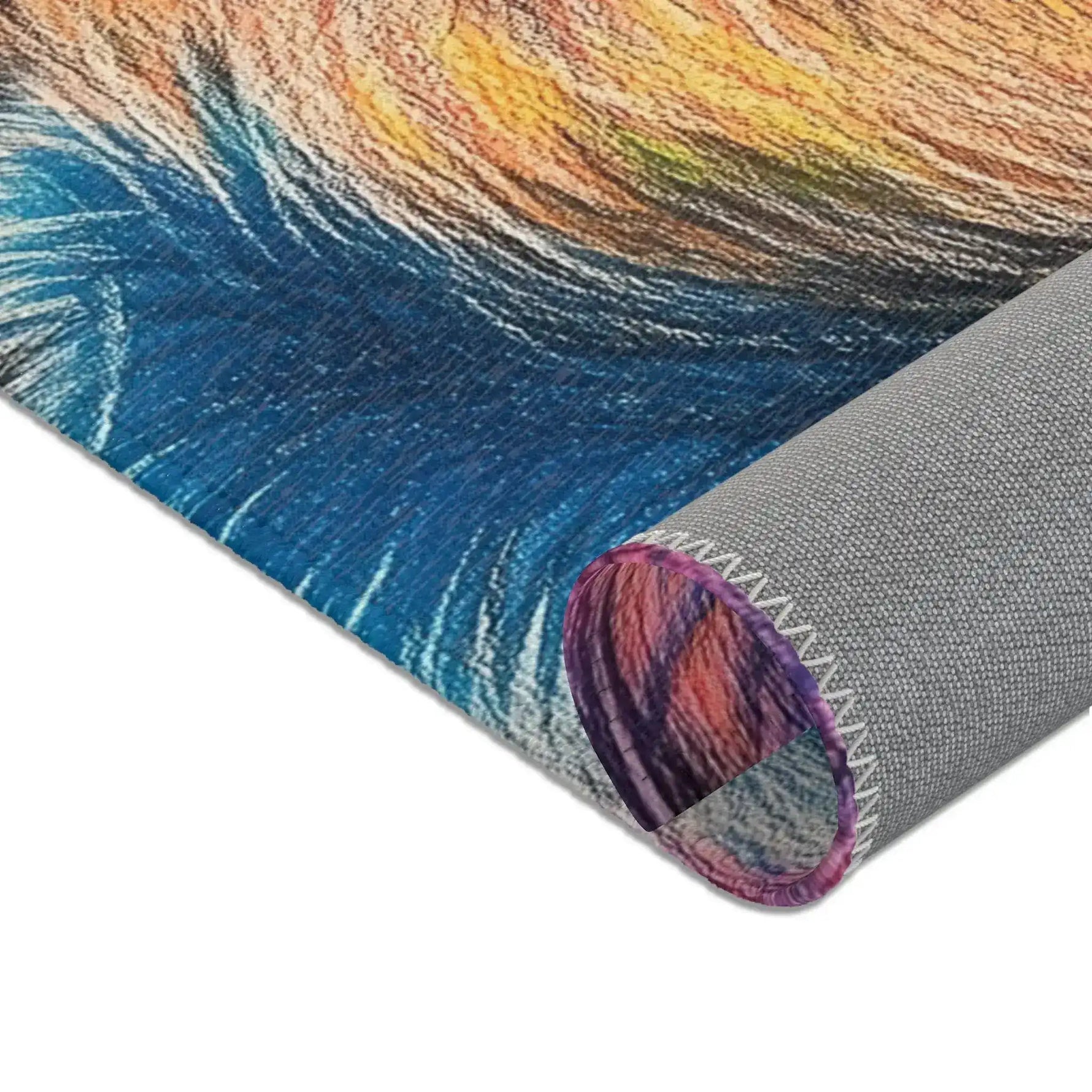 Corner fold revealing vibrant blue neon fur coat print face and grey anti-slip woven backing, Neon King Vibrant Lion Accent Rug