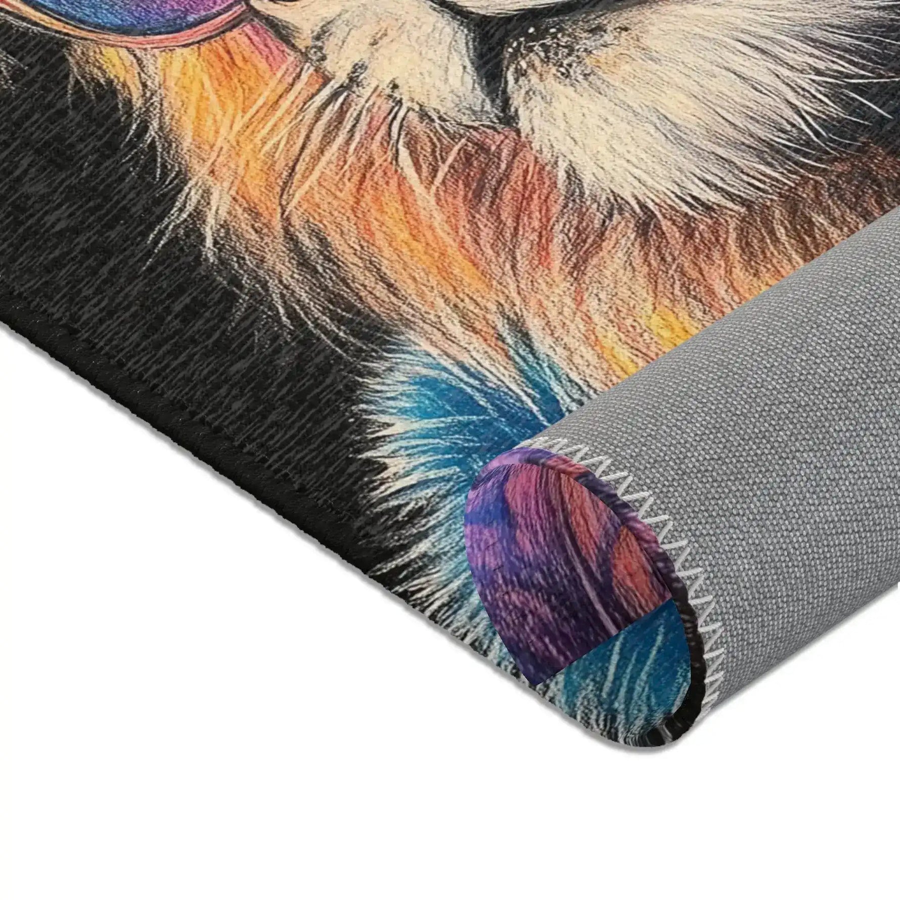 Corner fold showing vibrant golden mane and blue fur coat print closeup with grey backing, Neon King Vibrant Lion Accent Rug