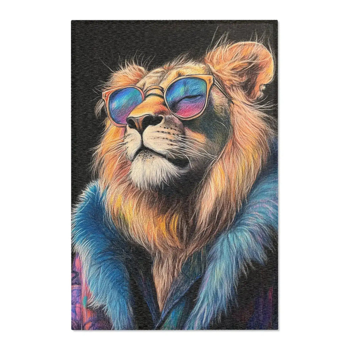 Lion with rainbow sunglasses and blue fur coat portrait, canvas texture visible, Neon King Vibrant Lion Accent Rug